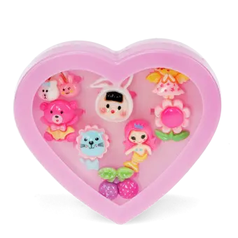 Assorted colourful rings with animal, mermaid, flower, and fruit designs in a pink heart-shaped box