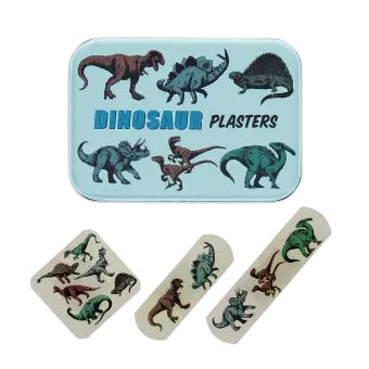 Dinosaur-printed plasters placed beside a matching storage tin featuring dinosaur illustrations