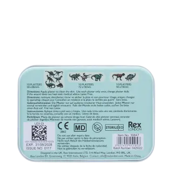 Back of dinosaur plaster tin with usage instructions and product details