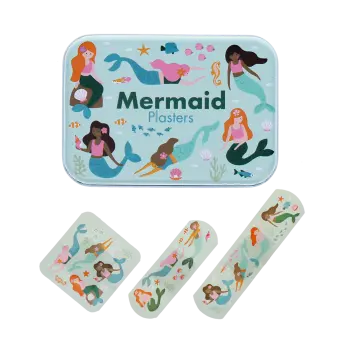 Mermaid-printed plasters placed beside a matching storage tin featuring mermaid illustrations
