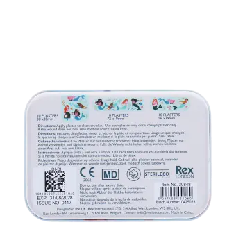 Back of mermaid plaster tin with usage instructions and product details