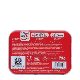 Back of sausage dog plaster tin with usage instructions and product details