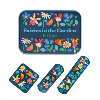 Fairy in the garden plasters beside a matching tin with fairy, butterfly, and flower illustrations