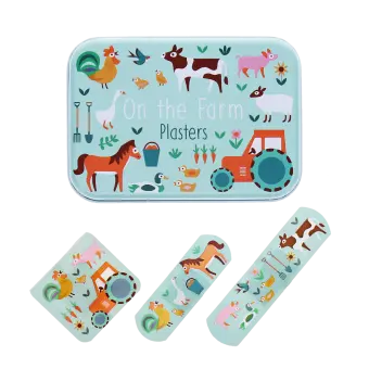 Farmyard-printed plasters placed beside a matching storage tin featuring farm animals illustrations