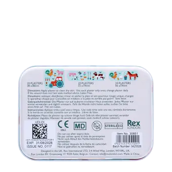 Back of Farmyard plaster tin with usage instructions and product details