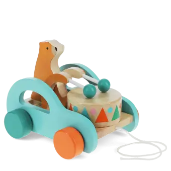 Wooden pull-along toy featuring a bear playing a drum, with colorful wheels