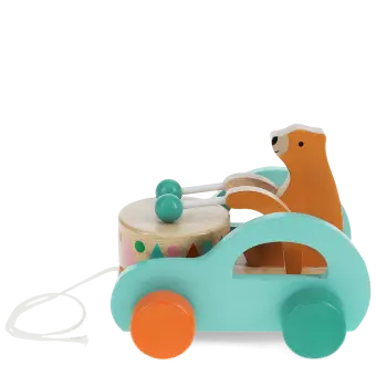 Wooden pull-along toy featuring a bear playing a drum, with colorful wheels