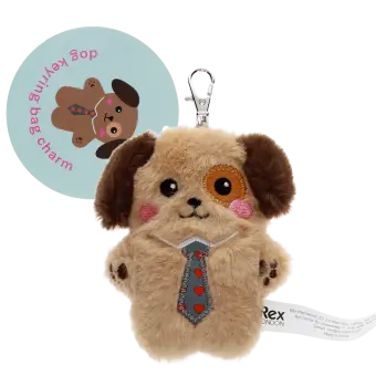 dog-shaped plush keyring wearing a tie with brown ears and a tag