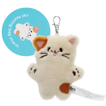 Cat-shaped plush keyring with a metal clasp and a tag