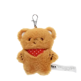 Light brown plush teddy bear keychain with a red polka-dotted bandana, metal clasp for attachment