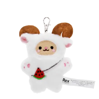 Yeti-shaped plush keyring with pink ears and paws, a watermelon accessory with metal clasp
