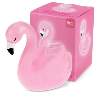 Pink flamingo night light shown next to the packaging box