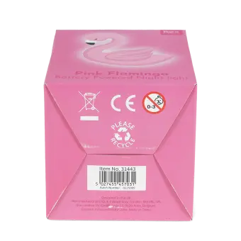 Base of flamingo night light packaging box showing safety warnings and barcode