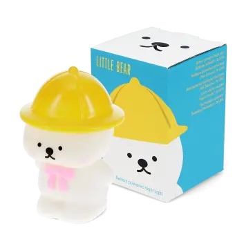 White bear night light wearing a yellow hat, shown next to its yellow packaging box