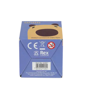 Base of Capybara night light packaging box showing safety warnings and barcode