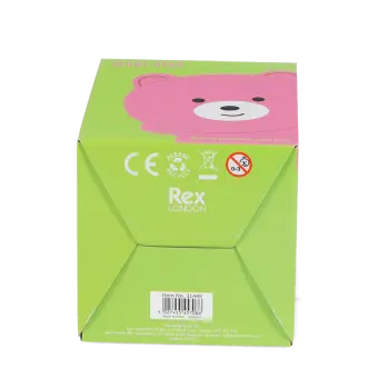 Base of pink teddy bear night light packaging box showing safety warnings and barcode