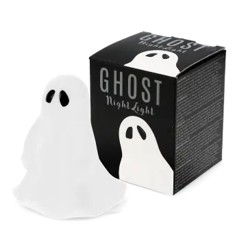 White ghost night light with black oval eyes shown next to the packaging box