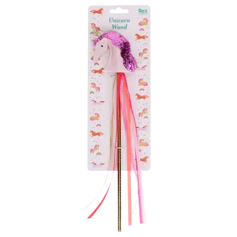 Pink unicorn wand with glittery top and ribbon streamers in packaging