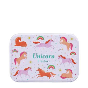 Unicorn and rainbow-themed plasters storage tin