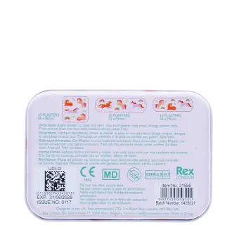 Back of unicorn plaster tin with usage instructions and product details
