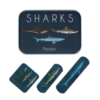 Sharks-printed plasters placed beside a matching storage tin featuring sharks illustrations