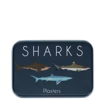 Sharks-themed plasters storage tin