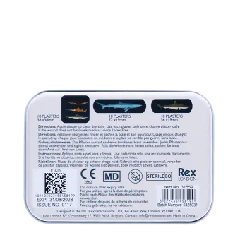 Back of sharks plaster tin with usage instructions and product details