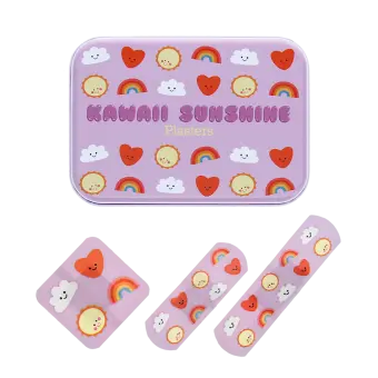 Kawaii sunshine plasters beside a matching tin with rainbow, cloud, sunshine, and heart illustrations