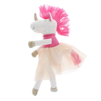 Knitted unicorn toy wearing a pink top and skirt