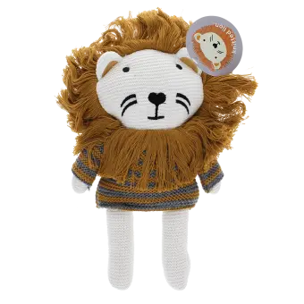 Knitted lion toy wearing a striped sweater, with white knitted legs with tag