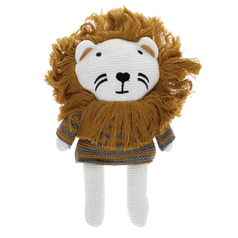 Knitted lion toy wearing a striped sweater, with white knitted legs 