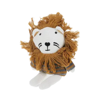 Knitted lion toy wearing a striped sweater, with white knitted legs
