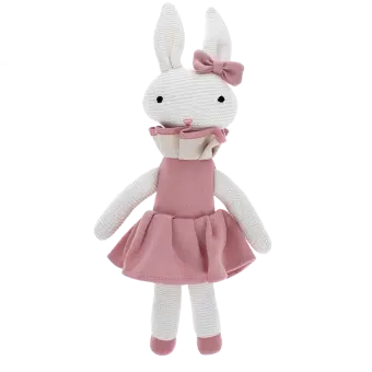 Knitted rabbit toy with long ears, wearing a pink dress with a ruffled collar and a matching bow on one ear