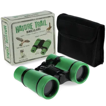 Green Nature Trail binoculars with black carrying case and a packaging box