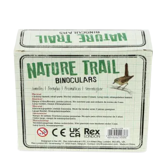 Back of Nature Trail binoculars packaging box with safety warnings