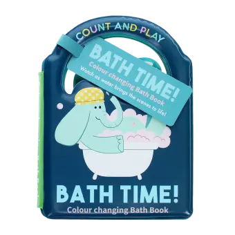 Colour changing bath book' featuring an elephant in a bathtub wearing a yellow polka-dotted shower cap with tag