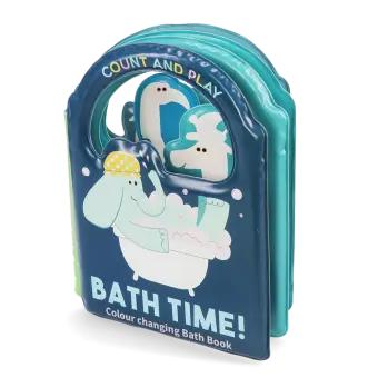 Colour changing bath book' featuring an elephant in a bathtub wearing a yellow polka-dotted shower cap