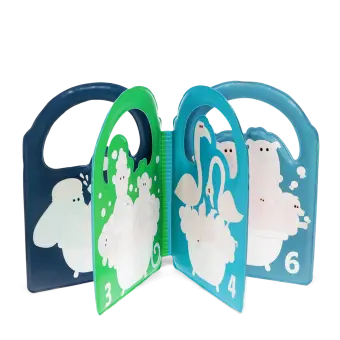 Colour changing bath book showing animals in a bathtub with a number printed at the bottom of each page