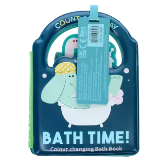 Colour changing bath book' featuring an elephant in a bathtub wearing a yellow polka-dotted shower cap with tag