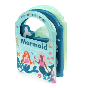 Colour Changing Bath Book' featuring colourful illustrations of mermaids, fish, and underwater scenes