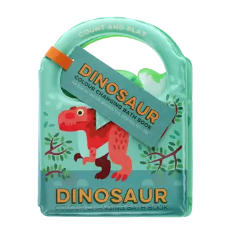 Colour changing bath book featuring colourful illustrations of dinosaur print and a tag