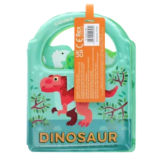 Colour changing bath book featuring colourful illustrations of dinosaur print and a tag