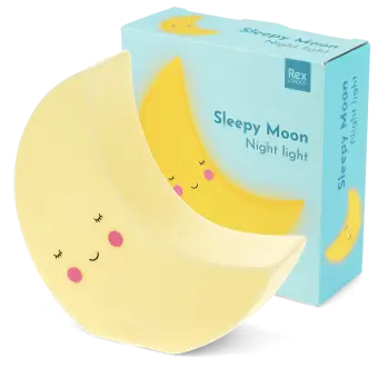 Yellow moon night light shown next to the packaging box 