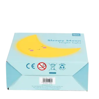Base of sleepy moon night light packaging box showing safety warnings and barcode