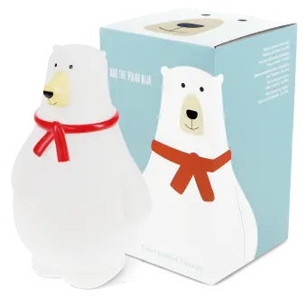 White polar bear night light wearing a red scarf shown next to the packaging box