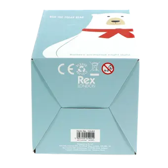 Base of polar bear night light packaging box showing safety warnings and barcode