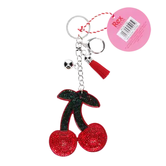 Glittery red cherry keyring with tag