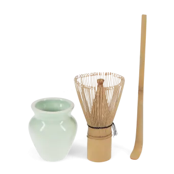 Matcha set with bamboo whisk, ceramic whisk holder, and scoop