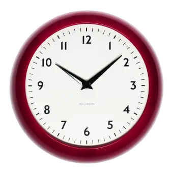 Round red wall clock with black hands and numbers,