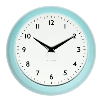Round blue wall clock with black hands and numbers